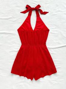 Soleia Bộ đồ liền thân rộng rãi không tay không nút thắt nơ cổ chữ V màu trắng phong cách kỳ nghỉ dành cho nữ WYWH, phù hợp cho bãi biển, lễ hội âm nhạc phương Tây, mùa hè - Đỏ - Xem 2