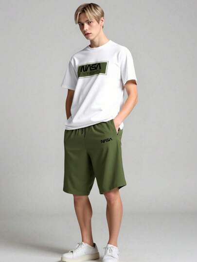 SHEIN Vacaura 2 Pieces Set: Teen Boys Casual Fashion Black Round Neck Short Sleeve Letter Graphic T-Shirt And Khaki Woven Shorts, Classic Color Scheme Summer New Arrival, School, Campus, College