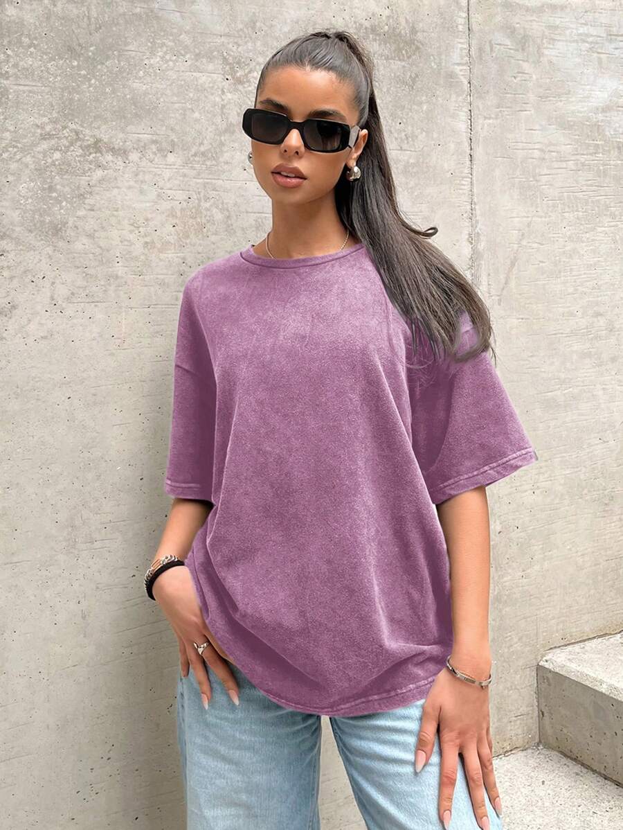 SHEIN EZwear 浅灰色和紫色针织复古做旧宽松休闲女式T恤 - 淺灰紫 - 查看 1