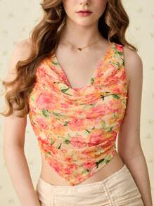 SHEIN MOD Flounce Collar Ruched Hem Floral Print Romantic Blouse,Hippie,Streetwear  , Rave, Boho,Romantic ,Spring ,Date Night ,Tropical  , Vacation ,Hawaiian ,Bachelorette,Coquette ,Going Out ,Floral,Club Outfits Women Dress - Multicolor - View 6