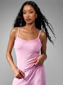 MISSGUIDED Lace Trim Camisole Lounge Set With Wide Leg Pajama Pants Sleepwear Nightwear Set Relaxed Fit Loungewear Silky Soft Comfort - Pink - View 4