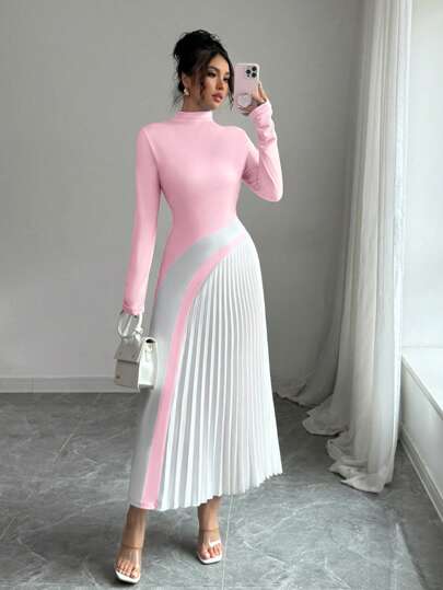 Elenzga 拼色拼接百褶性感女装