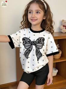 SHEIN Leap Crew 2pcs/Set Cute Bow Print Young Girl Casual Minimalist Short Sleeve Shorts Outfit, Suitable For Summer - Multicolor - View 1