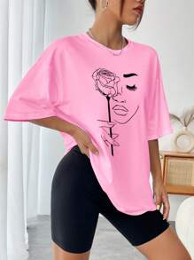 INAWLY Women's Casual Face & Rose Print Round Neck Dropped Shoulder T-Shirt, Summer - Pink - View 4