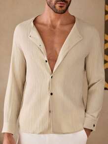 GENTILAND Men's Casual Non-Stretch Woven Solid Color Open Front Long Sleeve Shirt, Suitable For Everyday Wear