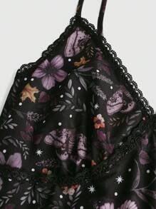 ROMWE Goth Plus Size Long Dress With Allover Dark Purple Moth & Floral Print, Spaghetti Strap - Multicolor - View 4