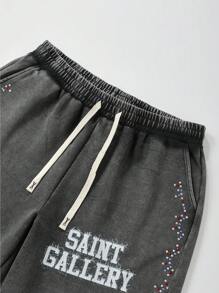 ROMWE MEN Street Life Herren bunte Buchstaben und Diamanten Muster Shorts mit Kordelzug Taille und Taschen, verwaschen - Schwarz - Übersicht 4