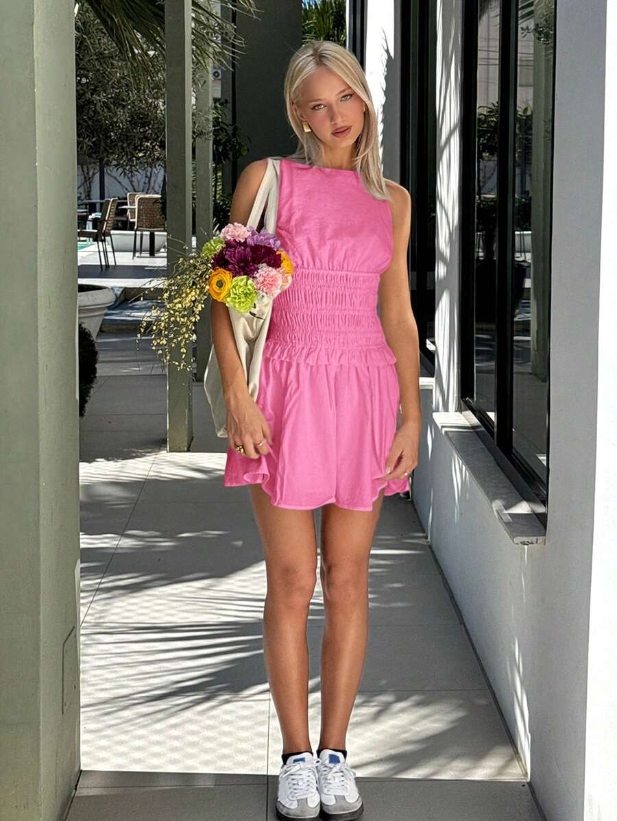SHEIN EZwear Summer Sleeveless Cinched Waist Ruched Mini Dress - Pink - View 1