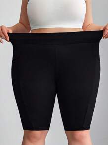 SHEIN CURVE+ 加大码纯色骑行短裤，带手机袋，曲线加大，波西米亚风度假风 - 黑色 - 查看 6