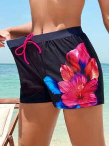 SHEIN Swim 女士沙滩休闲度假印花宽松抽绳短裤