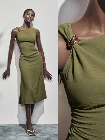 Lumivelle Summer Sleeveless Metal Ring Decor Waist Pleated Ruched Mini Dress