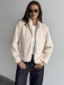 Aloruh 女式仿皮草长袖夹克，秋冬 - 白色 - 查看 4