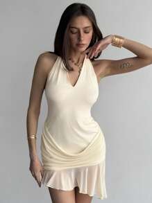 Aloruh Women's Elegant Ruffled Hem Halter Neck Dress, Summer - Apricot - View 3