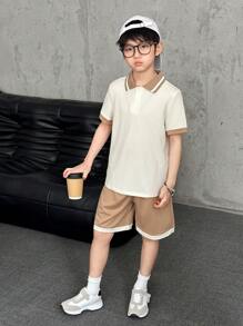 SHEIN Set de 2 piezas con camisa de polo a rayas de manga corta y pantalones cortos casuales para niño preadolescente