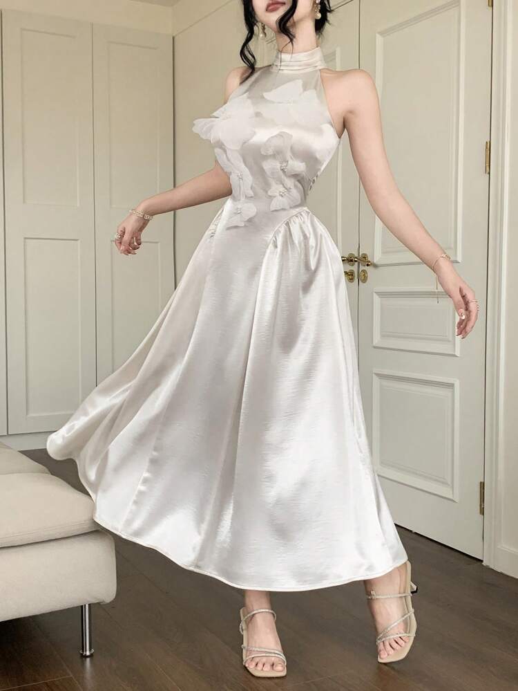 Vestido Plissado em A com Gola Padre e Sem Mangas até a Panturrilha para Mulheres, Vestidos de Formatura, Vestido de Coquetel