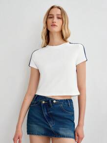 Lumivelle Luminelle Women's Simple Versatile Slimming Striped Short Sleeve Round Neck T-Shirt - White - View 3