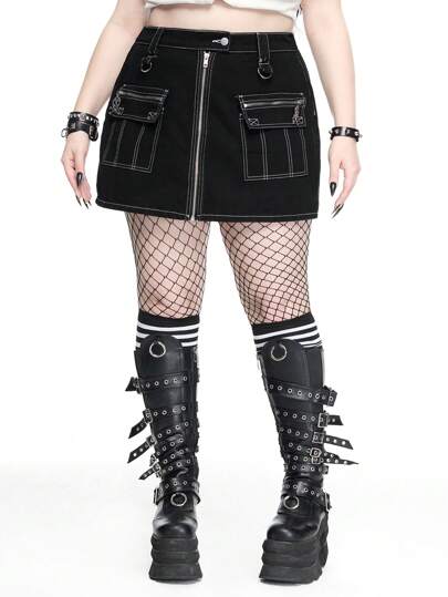 Grunge Punk Vintage Distressed Punk Cargo Pocket Plus Size Women Denim Mini Skirt, Back To School Season