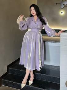 Dazy Plus Plus Size Long Purple V-Neck Lantern Sleeve Shiny Waist Fit Formal Dress, Spring/Fall, Dress For Wedding Long Sleeve Dress Prom Dress Elegant Women Dresses - Purple - View 6