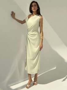 Aloruh Women Summer Elegant Solid Color Asymmetric Collar High Slit Dress Apple Green Summer Commuter Long Dress Elegant Slim And Simple Asymmetric Collar - Aqua Green - View 1