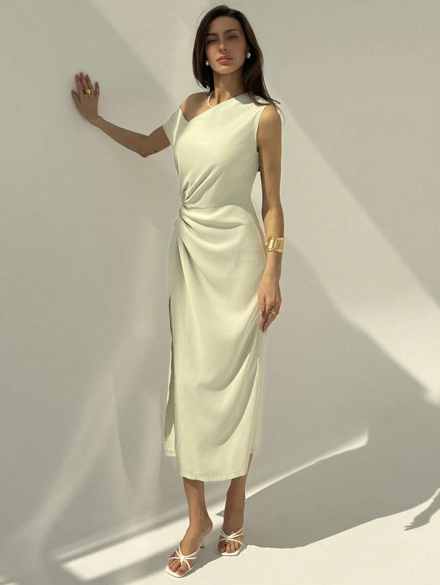 Aloruh Women Summer Elegant Solid Color Asymmetric Collar High Slit Dress Apple Green Summer Commuter Long Dress Elegant Slim And Simple Asymmetric Collar - Aqua Green - View 1