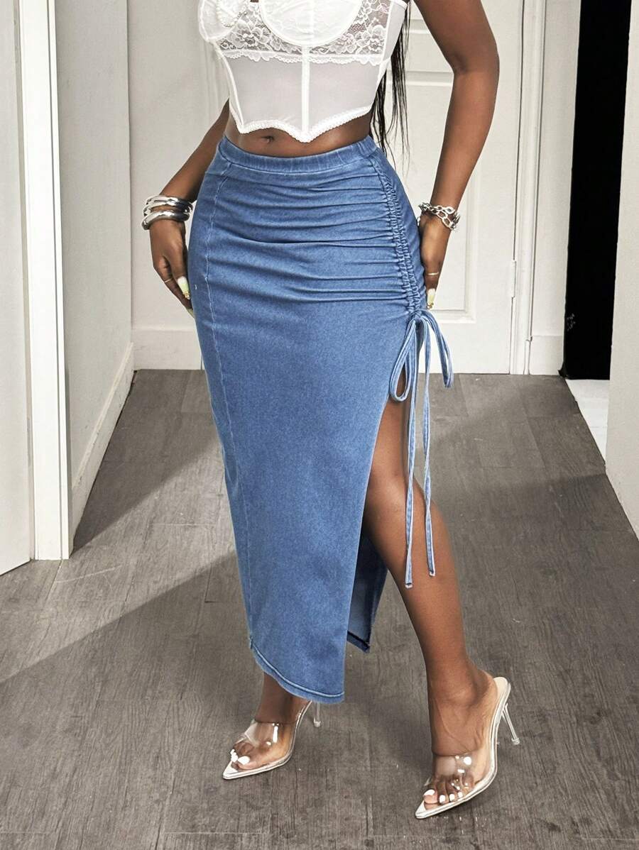 Slaydiva Mid-Rise Drawstring Waist Slit Design Sexy Fashion Casual Long Denim Skirt - Blue - View 1