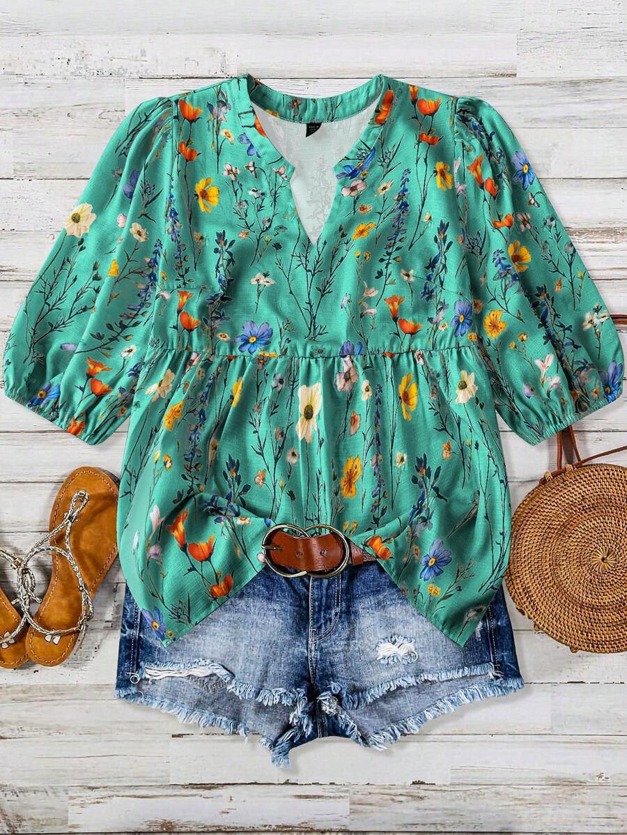 Linhara 大码女式花卉印花缺口V领泡泡袖休闲衬衫，情人节 - 彩色 - 查看 1