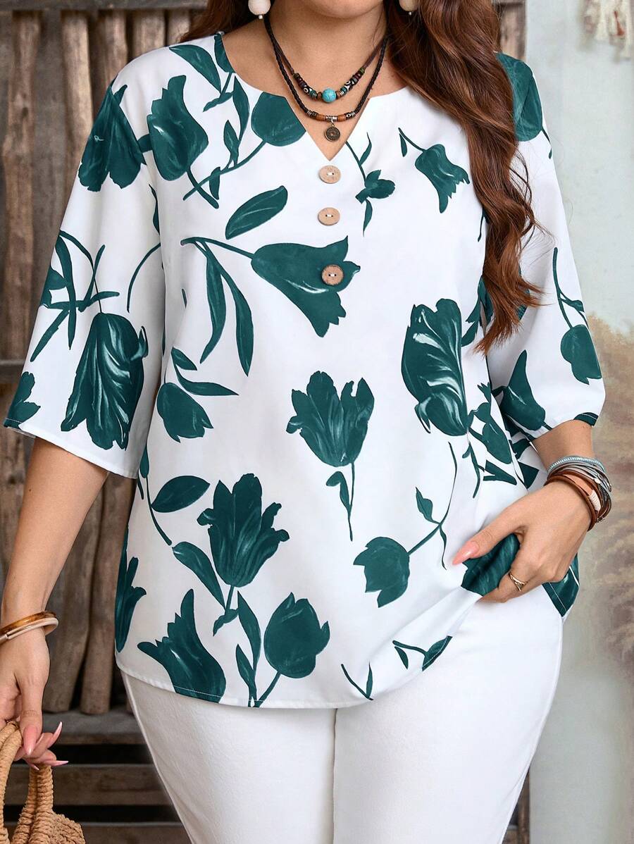 EMERY ROSE Plus Size Women Floral Print Casual Beach Holiday Shirt - Dark Green - View 1