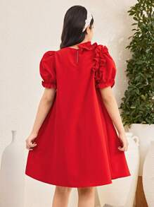 SHEIN Vestido holgado de línea A con cuello redondo, mangas abultadas y volante en el bajo para niña preadolescente, estilo elegante y casual para resort, color rojo