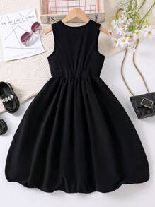 Tween Girls Floral Bow Decor Midi Dress - Black - View 2