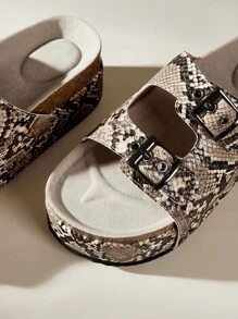 Solecia Women's Fashion Snake Skin Print Adjustable Buckle Thick Sole Slippers - Champagne - View 5