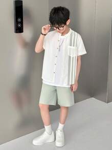 SHEIN Mirajuku 3pcs Set: Boys' White Shirt With Contrast Ruffle Pattern, White Loose Pants With Contrast Pattern, Includes Scarf - Multicolor - View 5