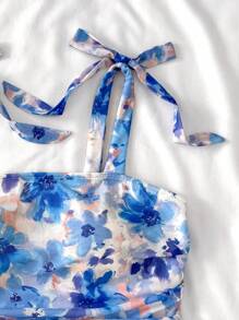SHEIN Camicetta a fascia con stampa floreale lavorata a maglia, con fiocchi sulle spalline, adatta per ragazze adolescenti, per l estate, le vacanze e i viaggi