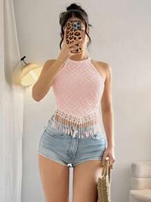 Breezaya Camiseta de tirantes informal con acabado texturizado y bajo asimétrico con flecos para mujer durante las vacaciones