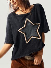 Bohemela Áo thun nữ cổ tròn tay ngắn dệt kim màu trơn rộng rãi - màu đen - Xem 5