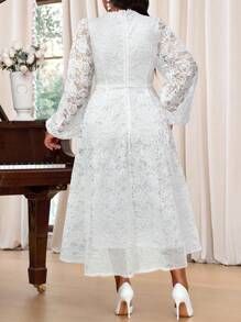 SHEIN Lady 大码优雅派对纯色纹理喇叭袖鱼尾连衣裙新年假期服装优雅派对粉色情人节正式女士连衣裙蕾丝连衣裙粉色女士连衣裙夏季女士连衣裙 - 白色 - 查看 2