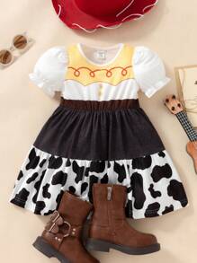 SHEIN Persoplay Kids Baby Girls Vintage Style Cute Puff Sleeve Casual Dress, Suitable For Parties, Gatherings, Birthday, Outdoor Activities, Vacation, Theme Parks, Spring/Summer