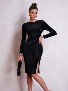 SHEIN Clasi Velvet Twist Knot Bodycon Dress, Christmas Dress For Women,Christmas Women Green Dress