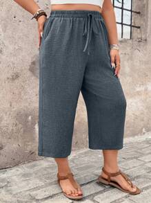 EMERY ROSE Plus Size Women Comfort Textured 3/4 Length Casual Pants, Suitable For Spring/Summer Countryside Vacation Baggy - Dark Grey - View 3