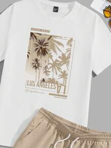 Manfinity RSRT Fashionable Casual Mature Vacation Palm Tree Silhouette Photo Letter Combo Print Slim Fit Crew Neck White Short Sleeve T-Shirt And Khaki Shorts 2 Pieces Set, Suitable For Summer Outdoor Vacation, Dating, Party, Couple Matching, Great Gift For Boyfriend - Multicolor - View 2