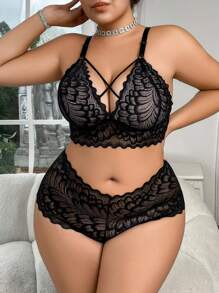SHEIN 2pcs Set Plus Size Lace Wireless Sexy Bra And Panty Lingerie Set For Women