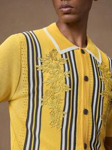 AKNOTIC Men's Knitted Yellow And Golden Floral Applique Casual Slim Fit Short Sleeve Knitted Shirt, Suitable For Summer, Vacation, Daily Wear, Party, Couple Matching, Gift For Men, Father's Day