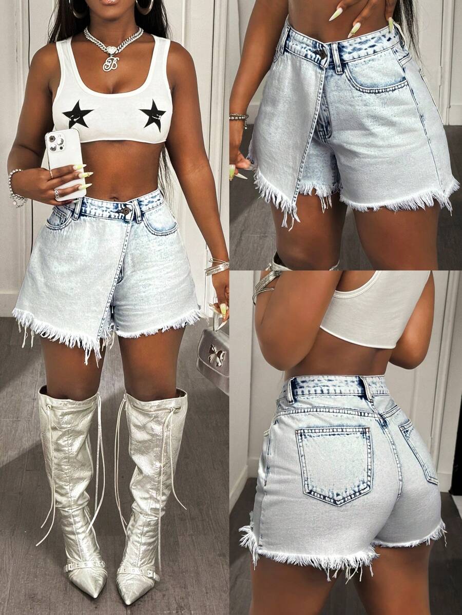Slaydiva Women Casual Washed Wrap Denim Shorts