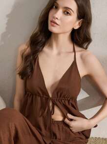 Ocili Ocili Leisure Women's Sexy Solid Color Backless Halter Neck Top And Pants Pajama Set, Summer