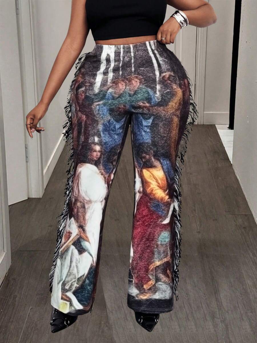 Maweii Pantalones casuales de talla grande para mujer con estampado y flecos, cintura elástica, versátiles, para primavera/verano - Multicolor - Ver 1