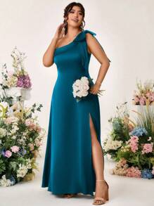 Cravure Plus Size Asymmetric Neck Sleeveless Bowknot Solid Color Satin A-Line Slit Ankle-Length Party Dress Women Dresses Birthday Women Casual Dress Women Plus Sun Dress