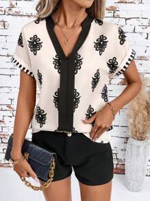 SHEIN Clasi 女式休闲图案印花缺口领衬衫，夏季 - 彩色 - 查看 5