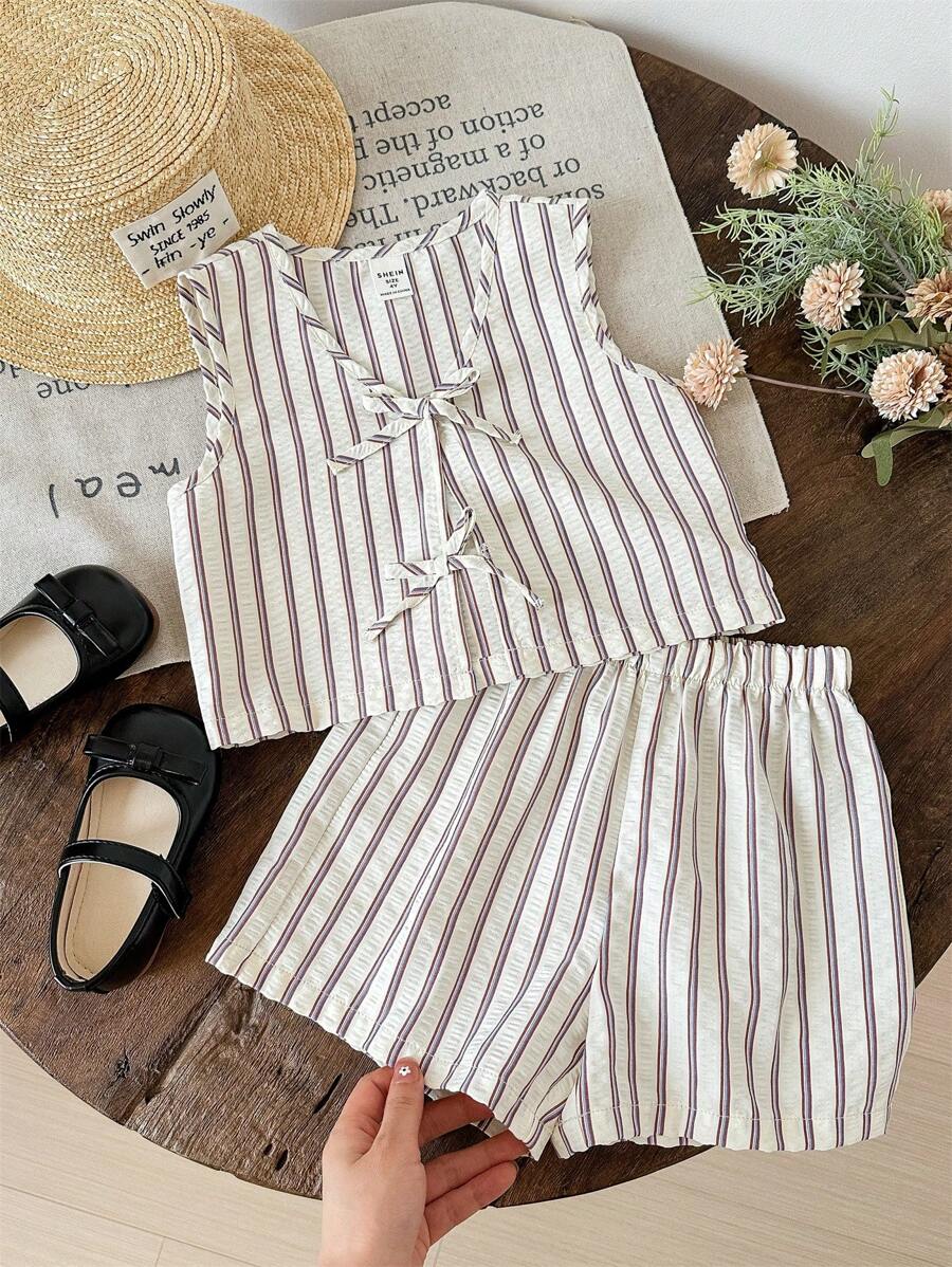 LMoss Kids 2 件套：V 领开衫和短裤，年轻女孩，编织条纹图案