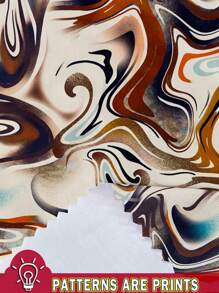 Slaydiva Plus Size Women Khaki Marble Ripple Print Long Sleeve Round Neck Fitted Long Dress, Elegant Spring Autumn Outfit - Multicolor - View 3