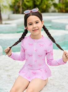 Sparklyn 女童蝴蝶结条纹印花拉链长袖连体泳衣