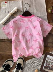 SHEIN Leap Crew Áo thun tay ngắn cổ tròn in hình nơ hồng dễ thương cho bé gái, đơn giản, phù hợp cho mùa hè - Nhiều màu - Xem 3